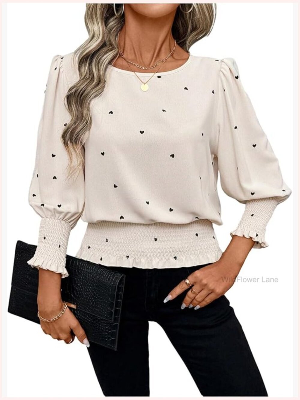 Heart Print Long Sleeve Dressy Casual Crew Neck Smocked Blouse